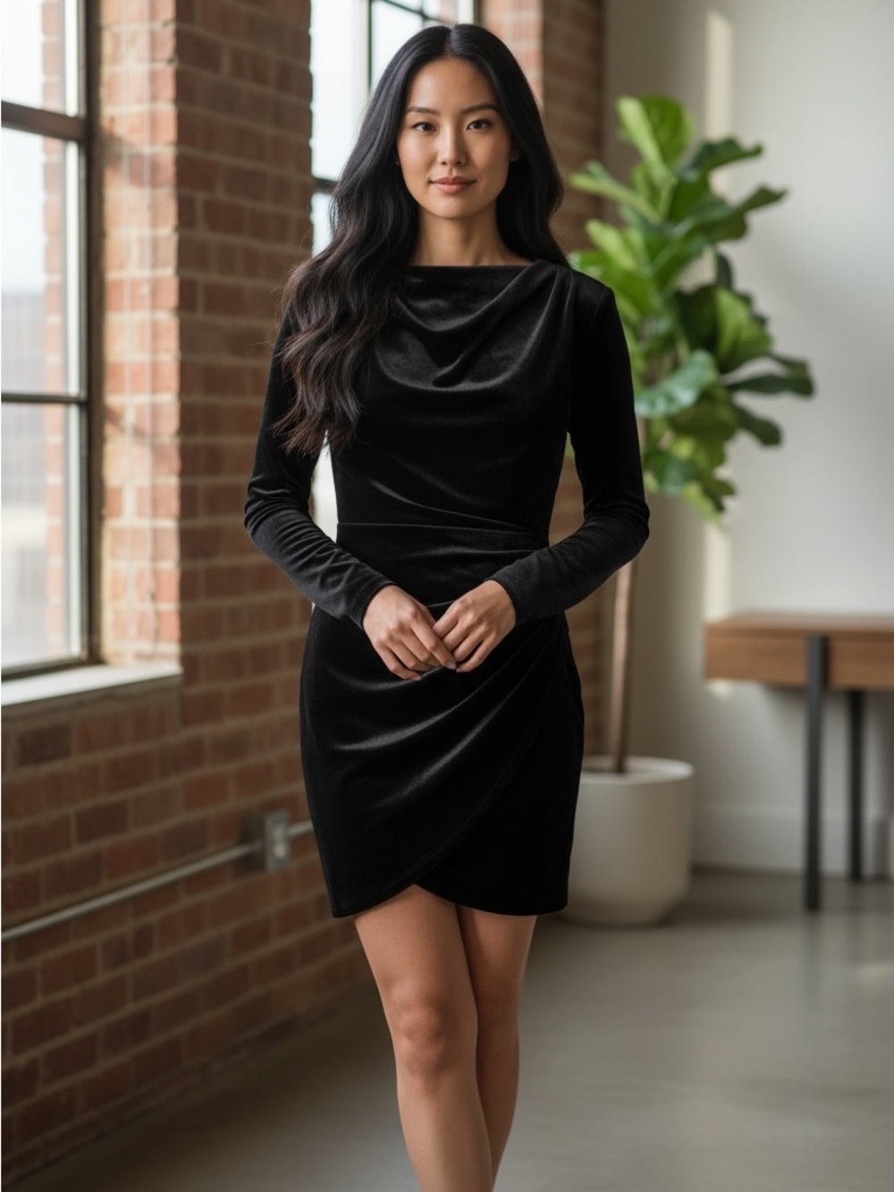 H&M Black Velvet Ruched Draped Long Sleeve Mini Dress Size M